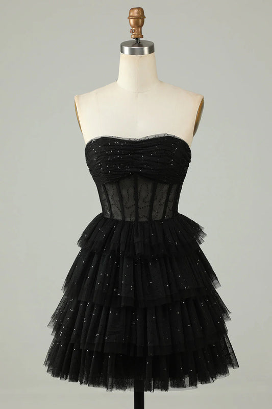 Amzcw Black A Line Strapless Tiered Corset Homecoming Dress