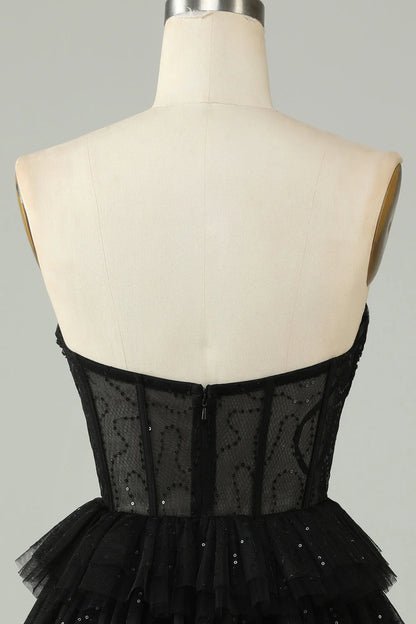 Amzcw Black A Line Strapless Tiered Corset Homecoming Dress