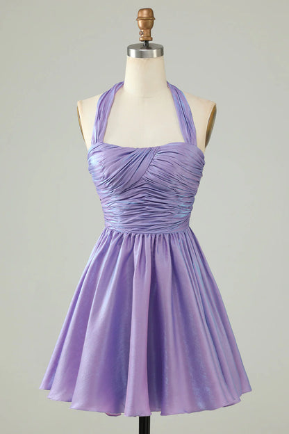 Amzcw A Line Purple Halter Open Back Sleeveless Short Homecoming Dress