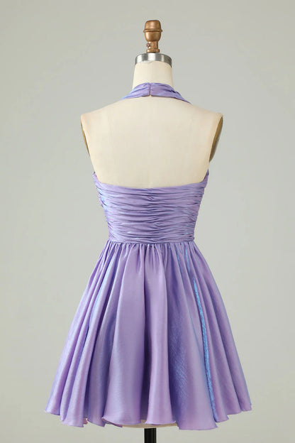 Amzcw A Line Purple Halter Open Back Sleeveless Short Homecoming Dress
