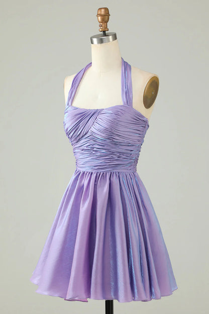 Amzcw A Line Purple Halter Open Back Sleeveless Short Homecoming Dress