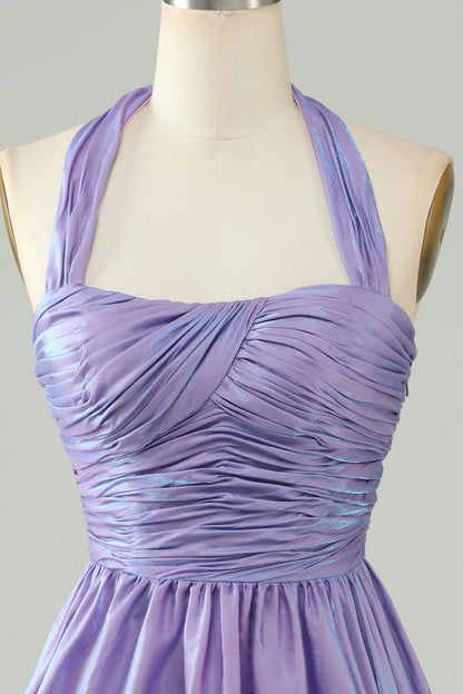 Amzcw A Line Purple Halter Open Back Sleeveless Short Homecoming Dress