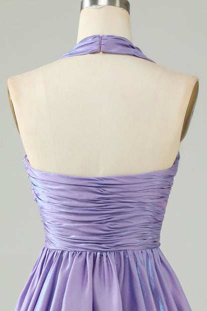 Amzcw A Line Purple Halter Open Back Sleeveless Short Homecoming Dress