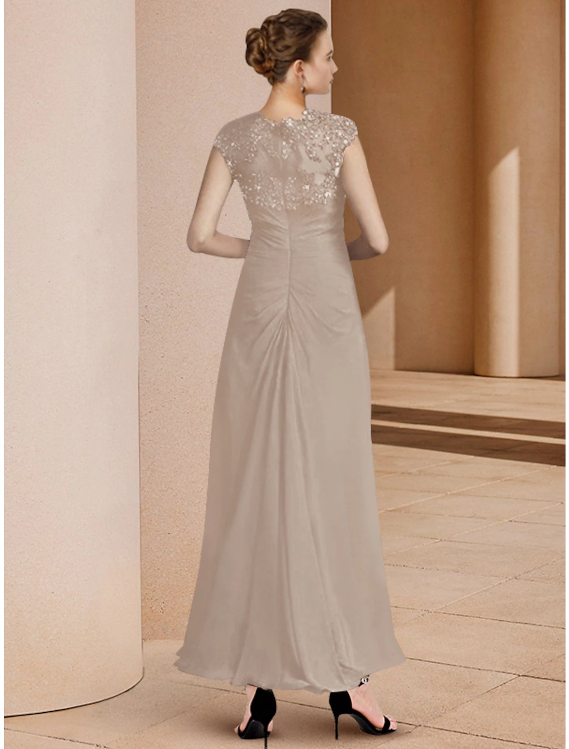 Two Piece A-Line Mother of the Bride Dress Formal Wedding Guest Elegant Sweetheart Ankle Length Chiffon Lace Sequined 3/4 Length Sleeve Jacket Dresses with Sequin Ruching