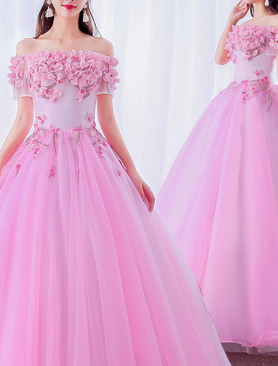 Ball Gown Floral Puffy Quinceanera Prom Dress Off Shoulder Short Sleeve Floor Length Polyester with Appliques Pure Color