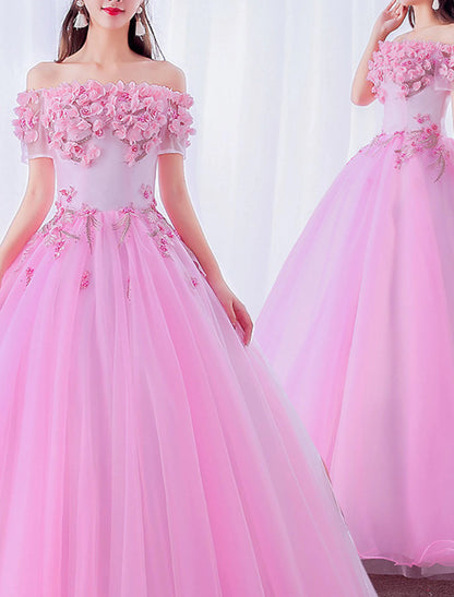 Ball Gown Floral Puffy Quinceanera Prom Dress Off Shoulder Short Sleeve Floor Length Polyester with Appliques Pure Color