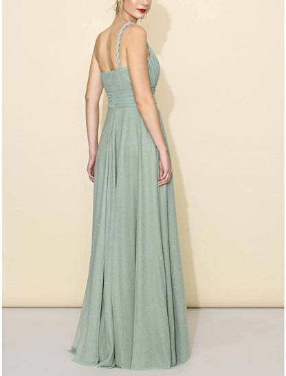 Vestido de dama de honor de corte A, un hombro, sin mangas, elegante, largo hasta el suelo, de tul con abertura frontal y fruncido.