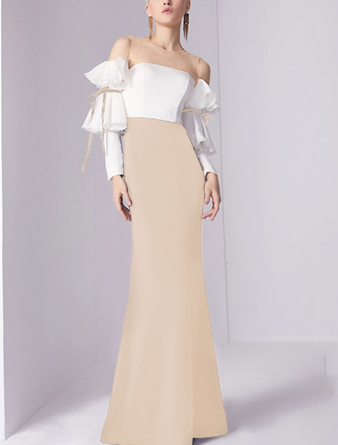 Vestido de noche estilo sirena/trompeta, minimalista, para invitados de boda, de compromiso, largo hasta el suelo, mangas 3/4, cuello joya, tejido elástico con pliegues y volantes.