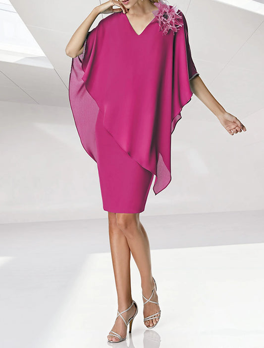 Vestido de cóctel con corte tubo/columna, elegante, para fiesta, boda, largo hasta la rodilla, sin mangas, cuello en V, gasa con volantes, hombros descubiertos, flores