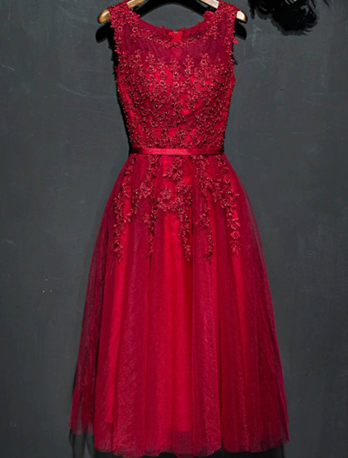 Vestido de noche formal de corte A, bonito, con escote joya, sin mangas, corto/mini, de encaje con apliques de cuentas