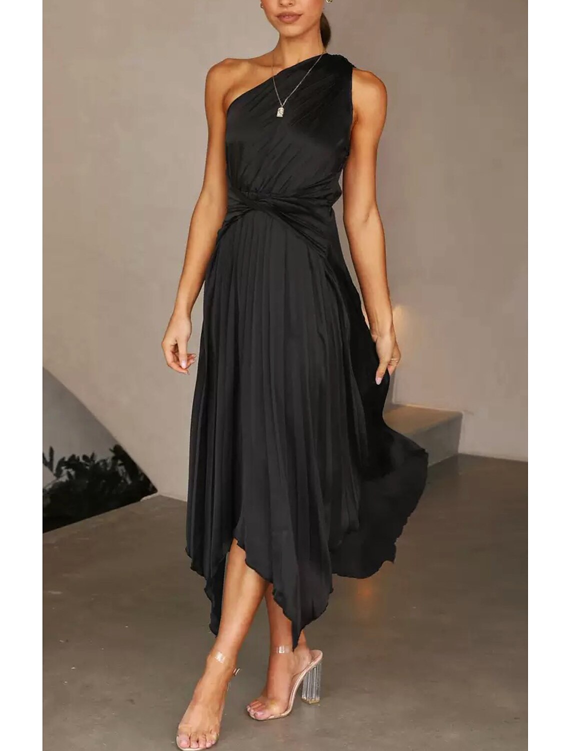 Vestidos de invitada de boda de corte A, vestido de corsé, vestido de fiesta, fiesta de bodas, largo hasta la rodilla, sin mangas, un hombro, poliéster con fruncido