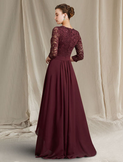 Vestido de madre de la novia de corte A, talla grande, elegante, escote en V alto y bajo, asimétrico, largo hasta el suelo, de gasa, encaje, manga 3/4 con pliegues, apliques y broche de cristal.