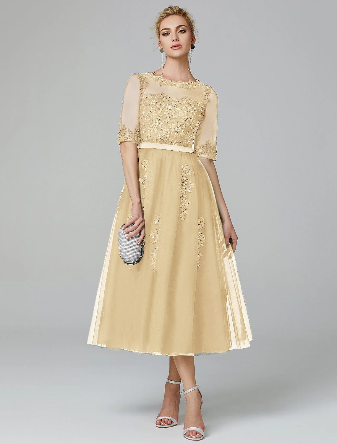 A-Line Sparkle Dress Formal Evening Tea Length Sleeveless Illusion Neck Fall Wedding Guest Lace Over Tulle with Sequin Appliques