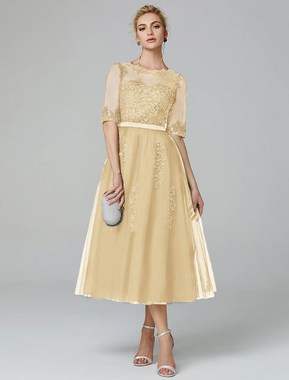 A-Line Sparkle Dress Formal Evening Tea Length Sleeveless Illusion Neck Fall Wedding Guest Lace Over Tulle with Sequin Appliques