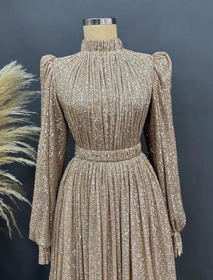 A-Line Evening Gown Elegant Dress Red Green Dress Black Tie Floor Length Long Sleeve Jewel Neck Fall Wedding Guest Sequined with Ruched