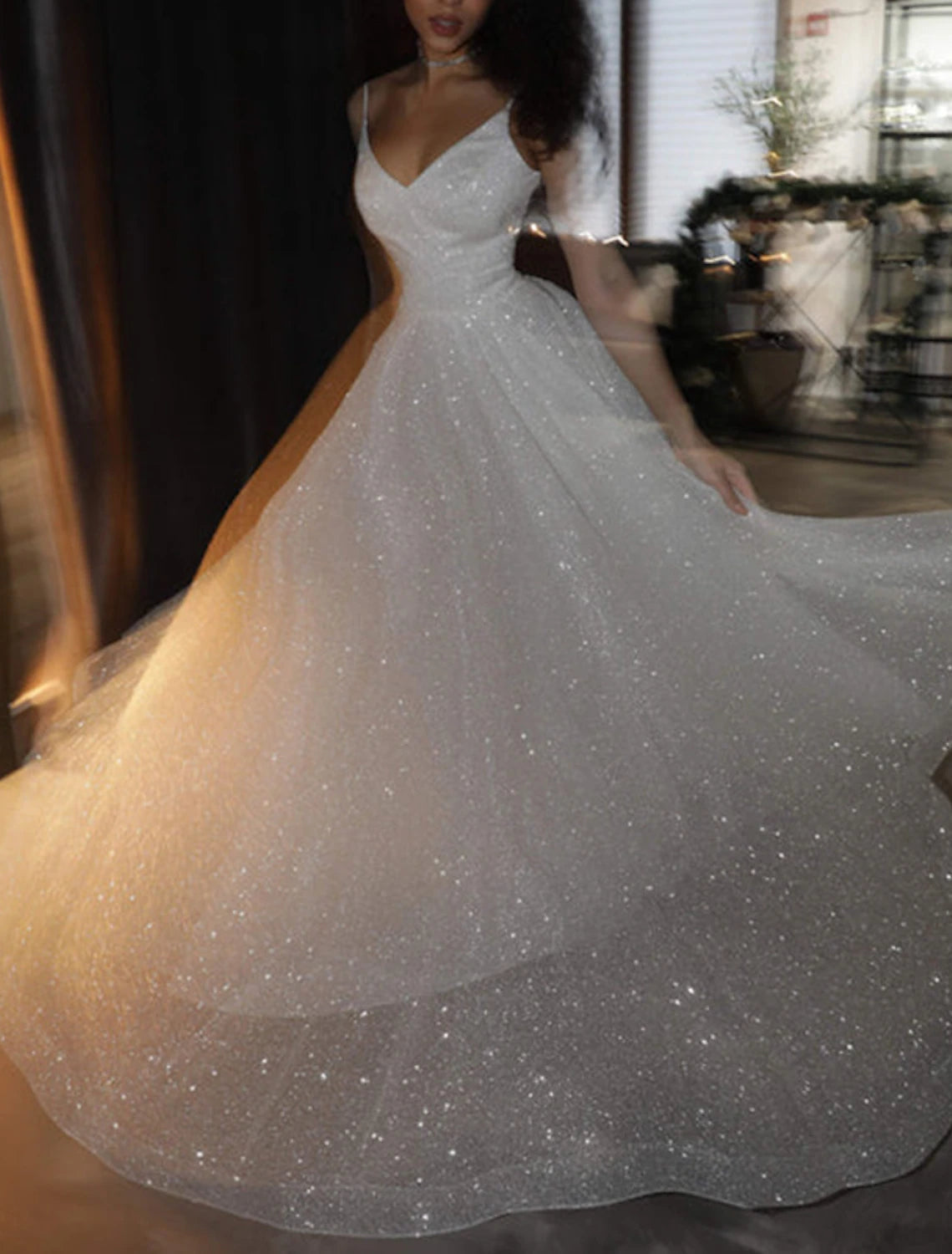 Vestido de fiesta de baile, vestido brillante, vestido de boda, fiesta, cumpleaños, cola de corte, sin mangas, tirantes finos, tul con lentejuelas