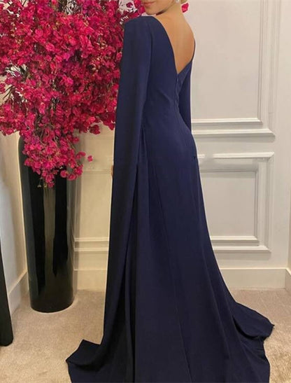 A-Line Evening Gown Maxi Dress Formal Wedding Guest Court Train Sleeveless Jewel Neck Stretch Chiffon with Shawl