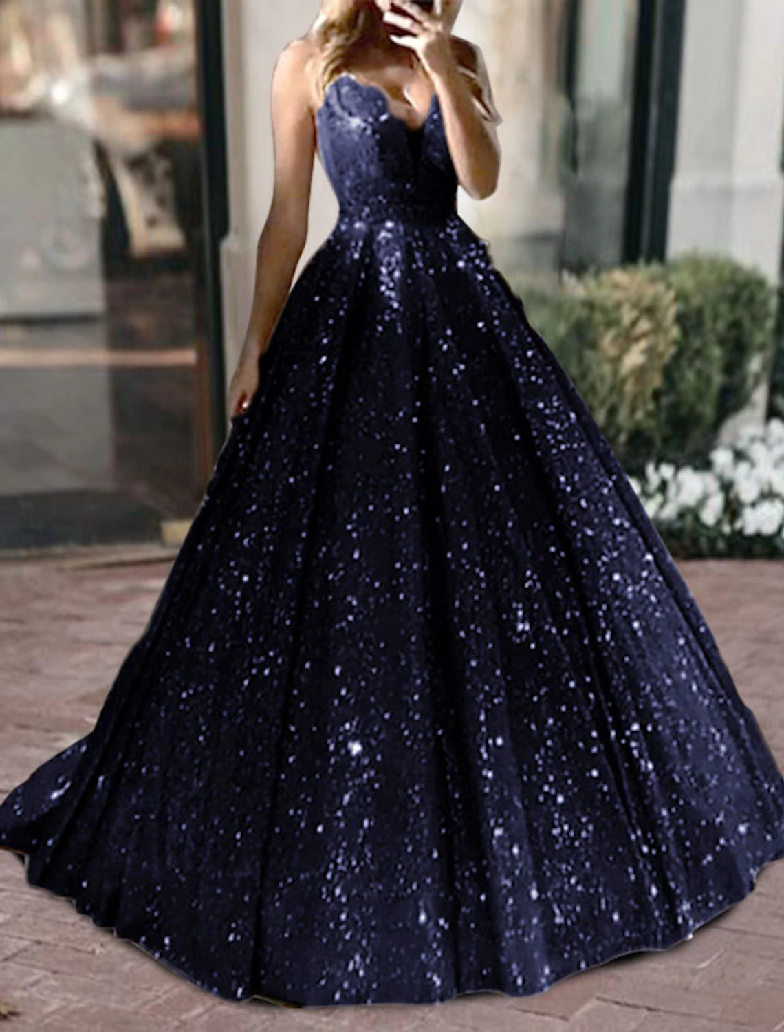 Vestido de fiesta negro con purpurina, vestido lujoso de tul brillante para fiesta de bodas, quinceañera, cola larga/cepillo, sin mangas, escote en V, tul, espalda en V con lentejuelas