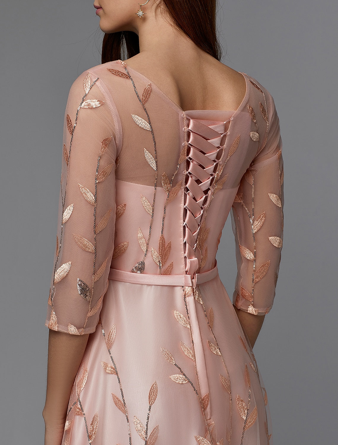 Vestido floral de corte A para invitada de boda, baile de graduación, largo hasta el suelo, manga 3/4, cuello ilusión, vestido de dama de honor de encaje con apliques estampados/patrones