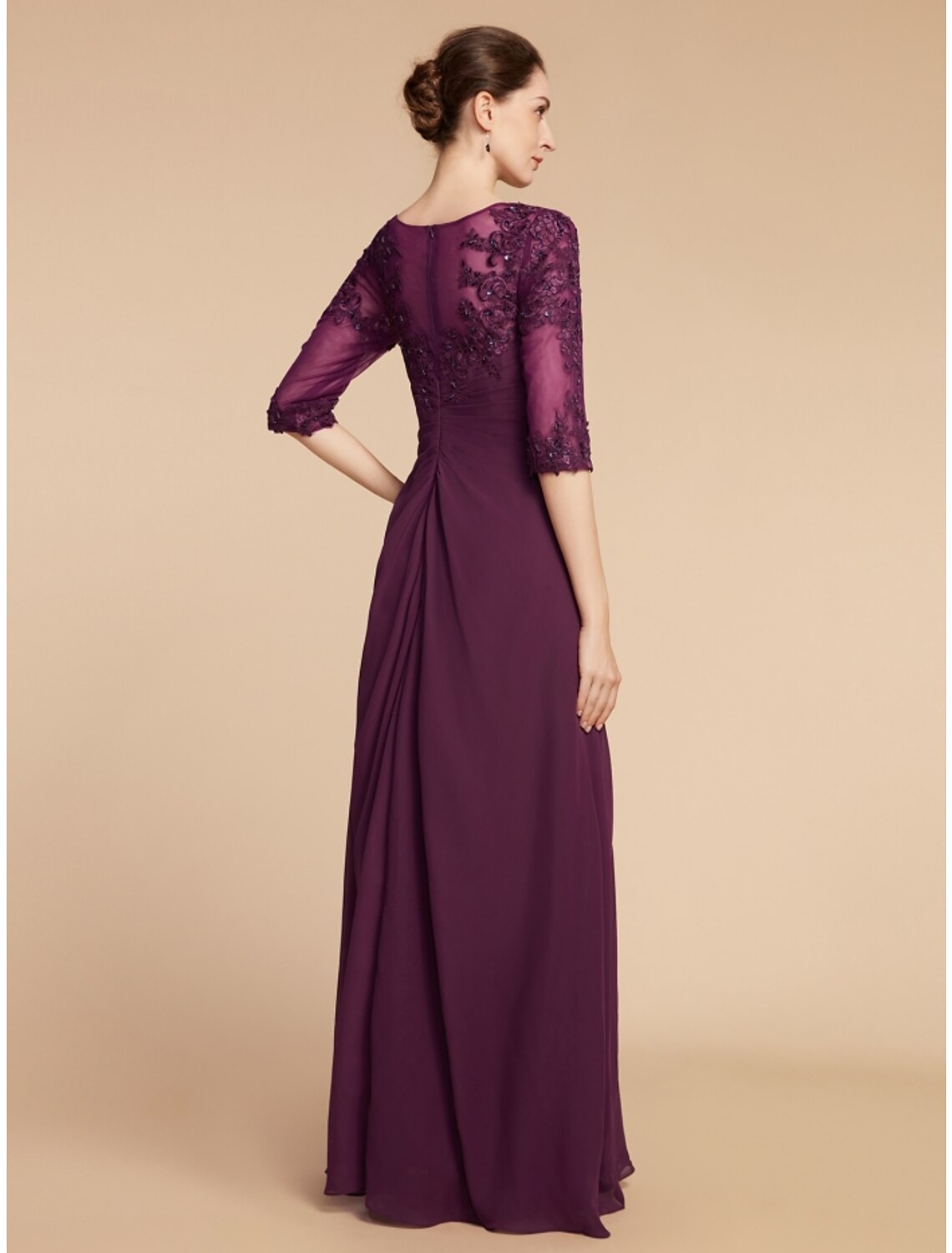 Sheath / Column Mother of the Bride Dress Wedding Guest Elegant Scoop Neck Floor Length Chiffon Lace Half Sleeve with Pleats Sequin