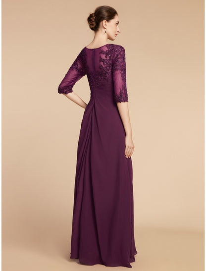 Sheath / Column Mother of the Bride Dress Wedding Guest Elegant Scoop Neck Floor Length Chiffon Lace Half Sleeve with Pleats Sequin