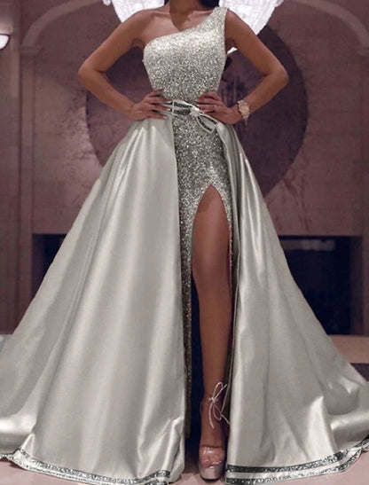 Vestido de fiesta con brillo y pedrería para invitados de boda, fiesta de noche, largo hasta el suelo, sin mangas, un hombro, satén desmontable con lazo(s), abertura con lentejuelas