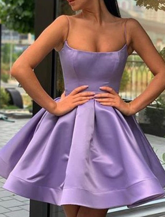 A-Line Minimalist Sexy Homecoming Cocktail Party Dress Spaghetti Strap Sleeveless Short / Mini Satin with Sleek