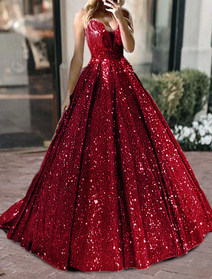 Vestido de fiesta negro con purpurina, vestido lujoso de tul brillante para fiesta de bodas, quinceañera, cola larga/cepillo, sin mangas, escote en V, tul, espalda en V con lentejuelas