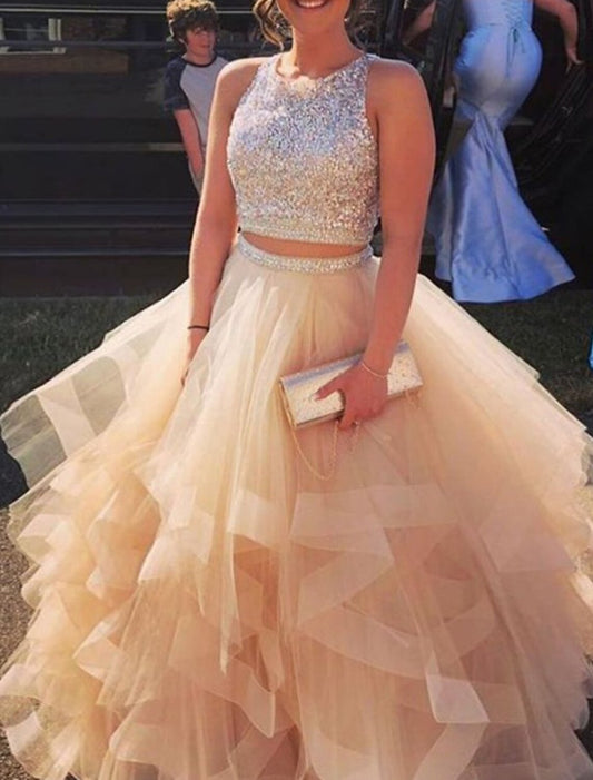 Vestidos de fiesta de dos piezas, vestido brillante, para invitados de boda, fiesta de bodas, largo hasta el suelo, sin mangas, cuello joya, tul con volantes de lentejuelas