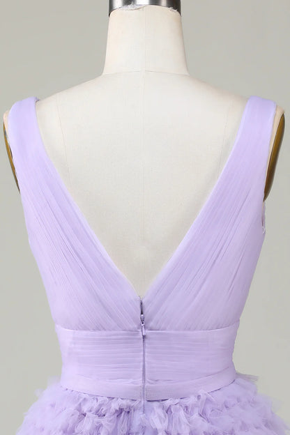 Vestido de fiesta corto de tul verde con escote en V y espalda abierta