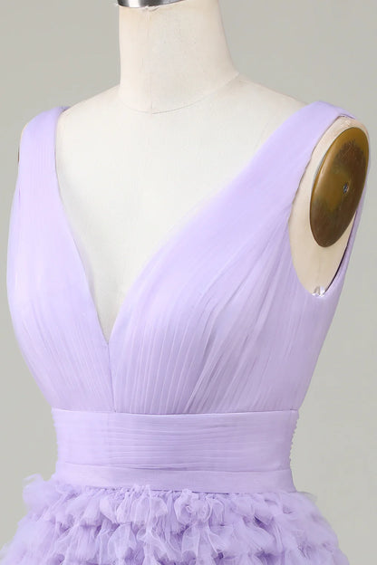 Vestido de fiesta corto de tul verde con escote en V y espalda abierta