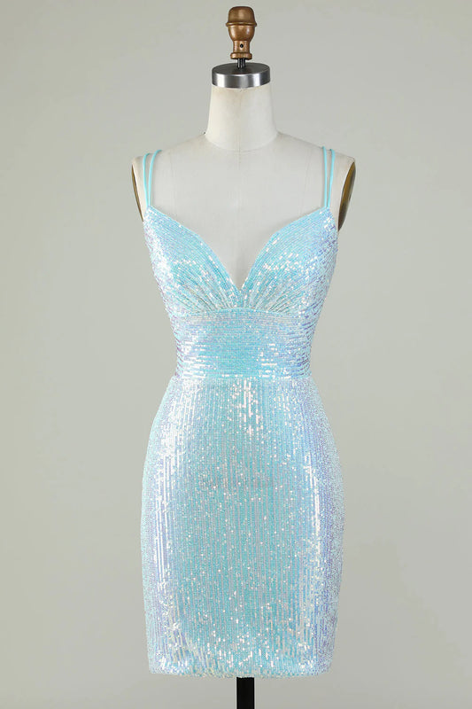 Amzcw Sparkly Light Blue Sheath Sequins Short Homecoming Dress with Criss Cross Back