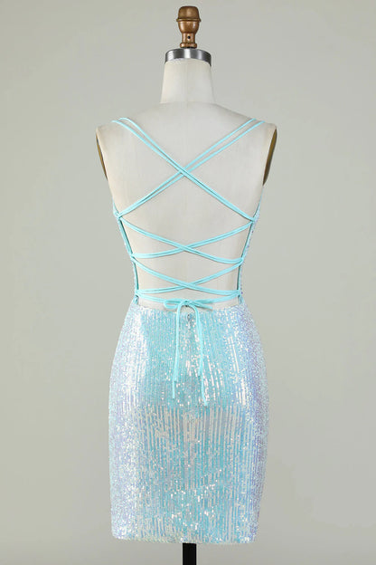 Amzcw Sparkly Light Blue Sheath Sequins Short Homecoming Dress with Criss Cross Back