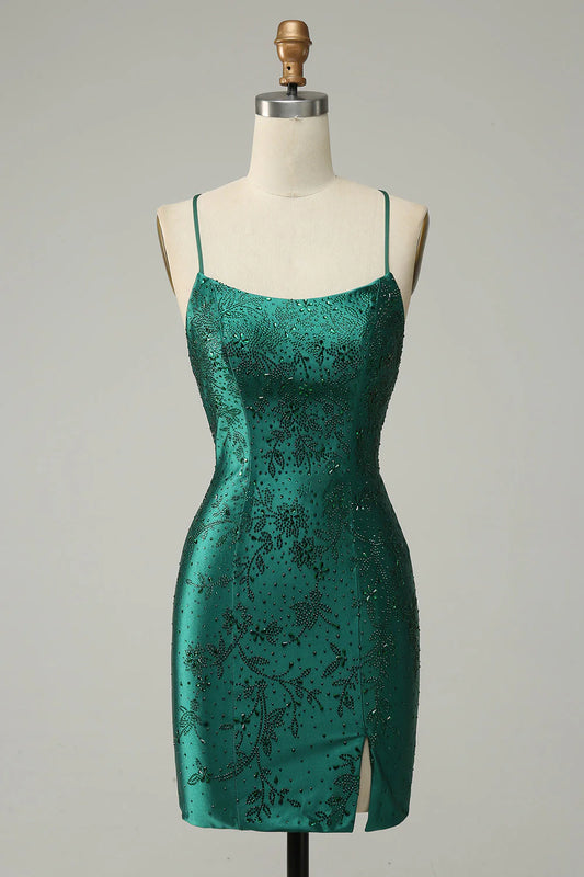 Amzcw Dark Green Beaded Tight Homecoming Dress With Criss Cross Back
