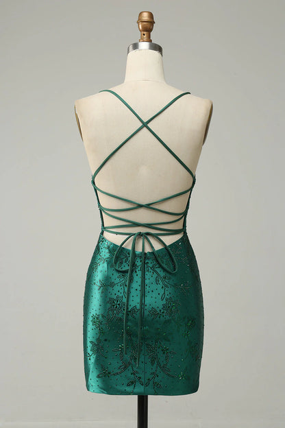 Amzcw Dark Green Beaded Tight Homecoming Dress With Criss Cross Back