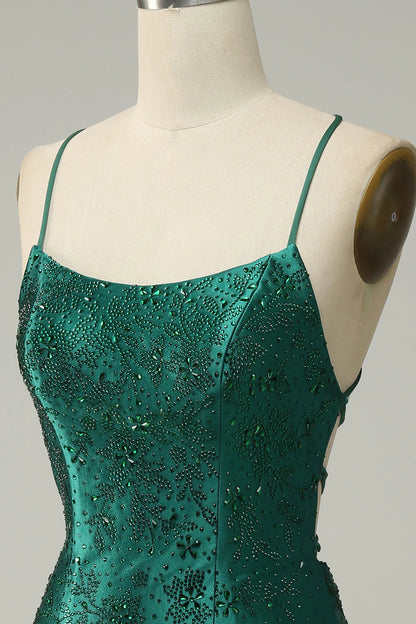 Amzcw Dark Green Beaded Tight Homecoming Dress With Criss Cross Back