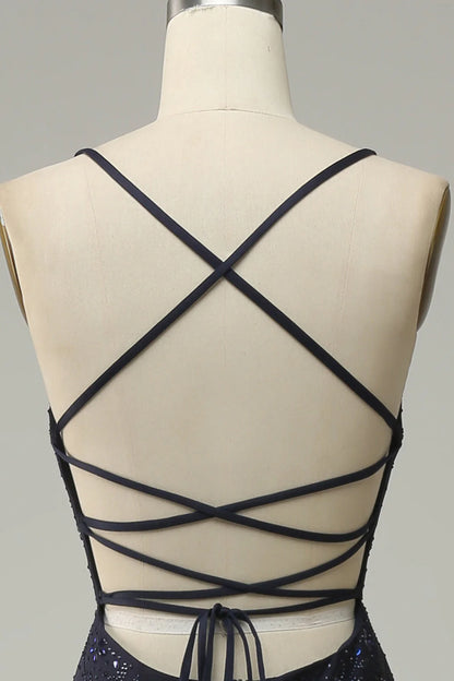 Amzcw Navy Mermaid Spaghetti Straps Beaded Prom Dress with Split