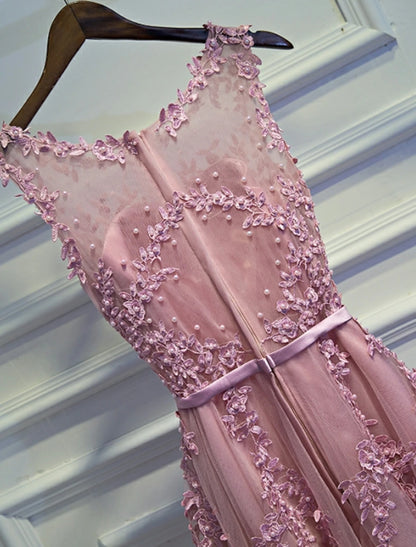 Vestido de noche formal de corte A, bonito, con escote joya, sin mangas, corto/mini, de encaje con apliques de cuentas