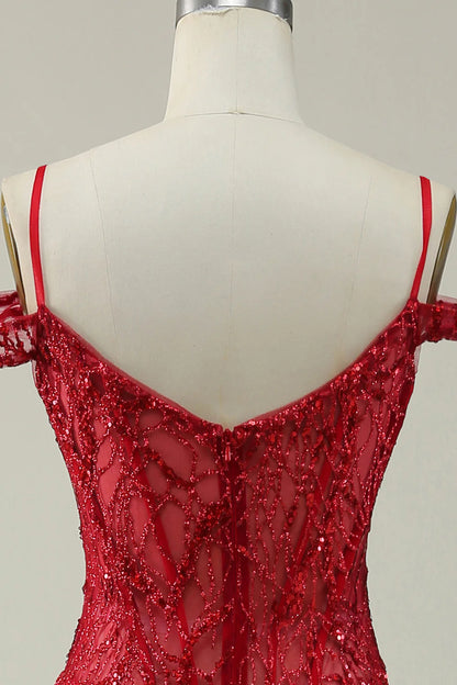 Vestido de fiesta largo con hombros descubiertos y corte sirena burdeos de Amzcw 