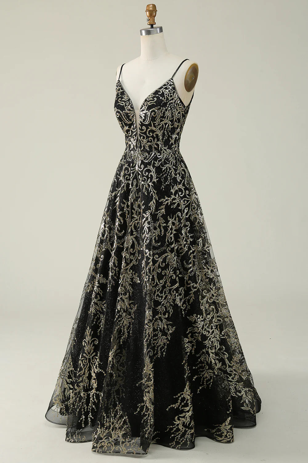 Vestido de fiesta largo con tirantes finos en negro y dorado de Amzcw 