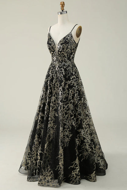 Vestido de fiesta largo con tirantes finos en negro y dorado de Amzcw 