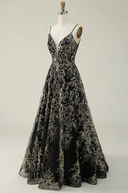 Amzcw Black Golden A Line Spaghetti Straps Long Prom Dress