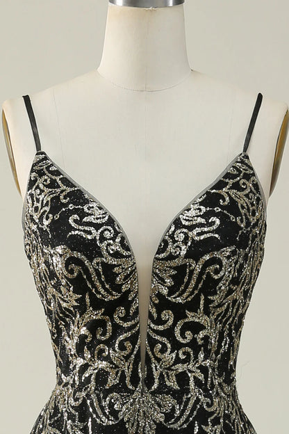 Vestido de fiesta largo con tirantes finos en negro y dorado de Amzcw 