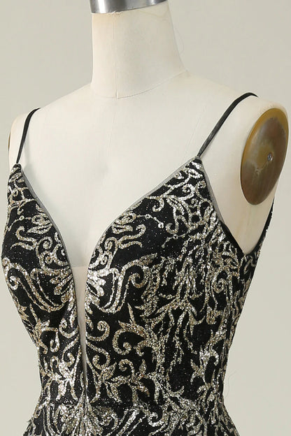 Amzcw Black Golden A Line Spaghetti Straps Long Prom Dress