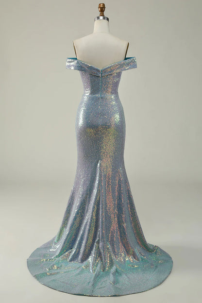 Vestido de fiesta Amzcw sirena azul brillante con hombros descubiertos y abertura 