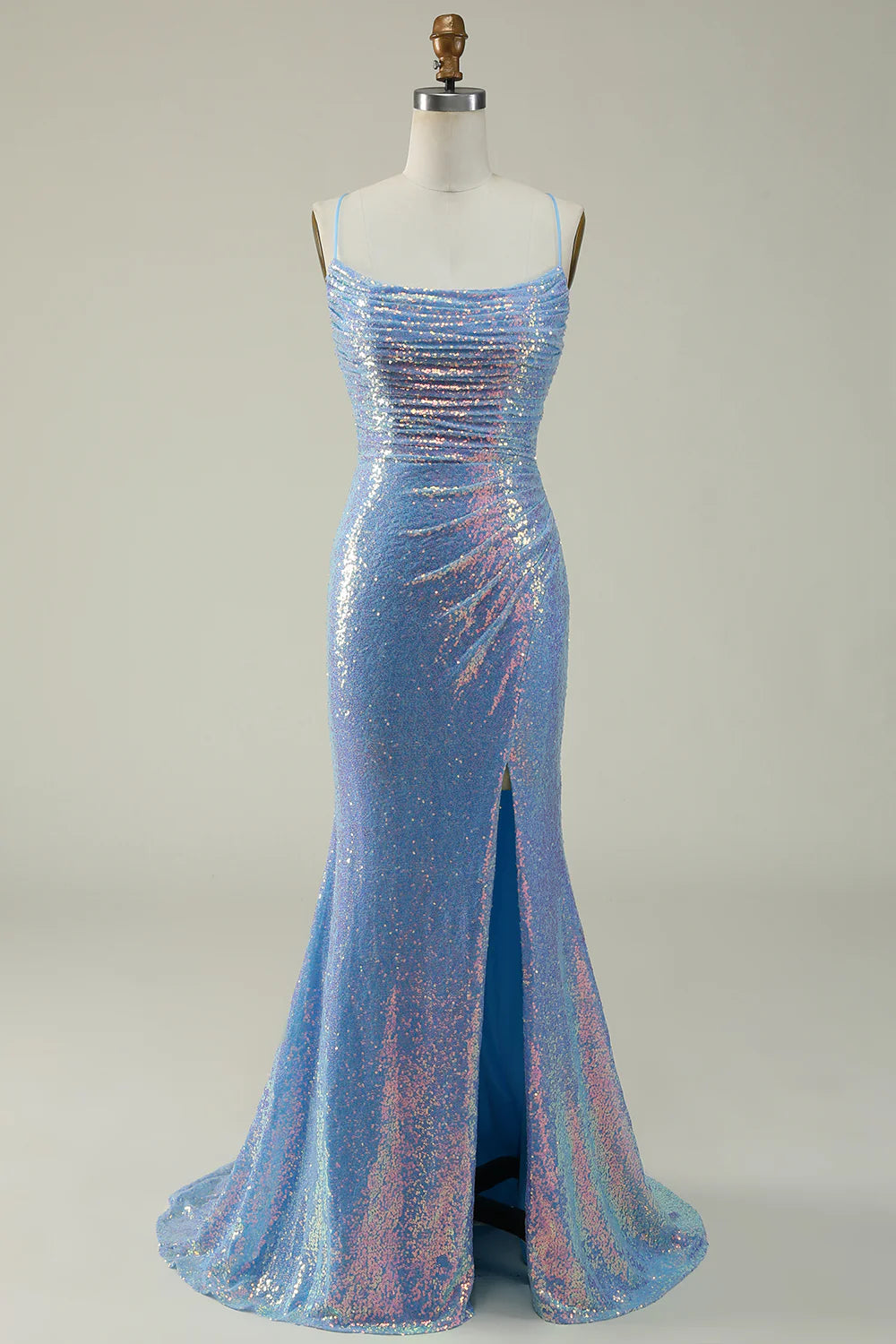 Vestido de fiesta de sirena con tirantes finos y lentejuelas azules de Amzcw 