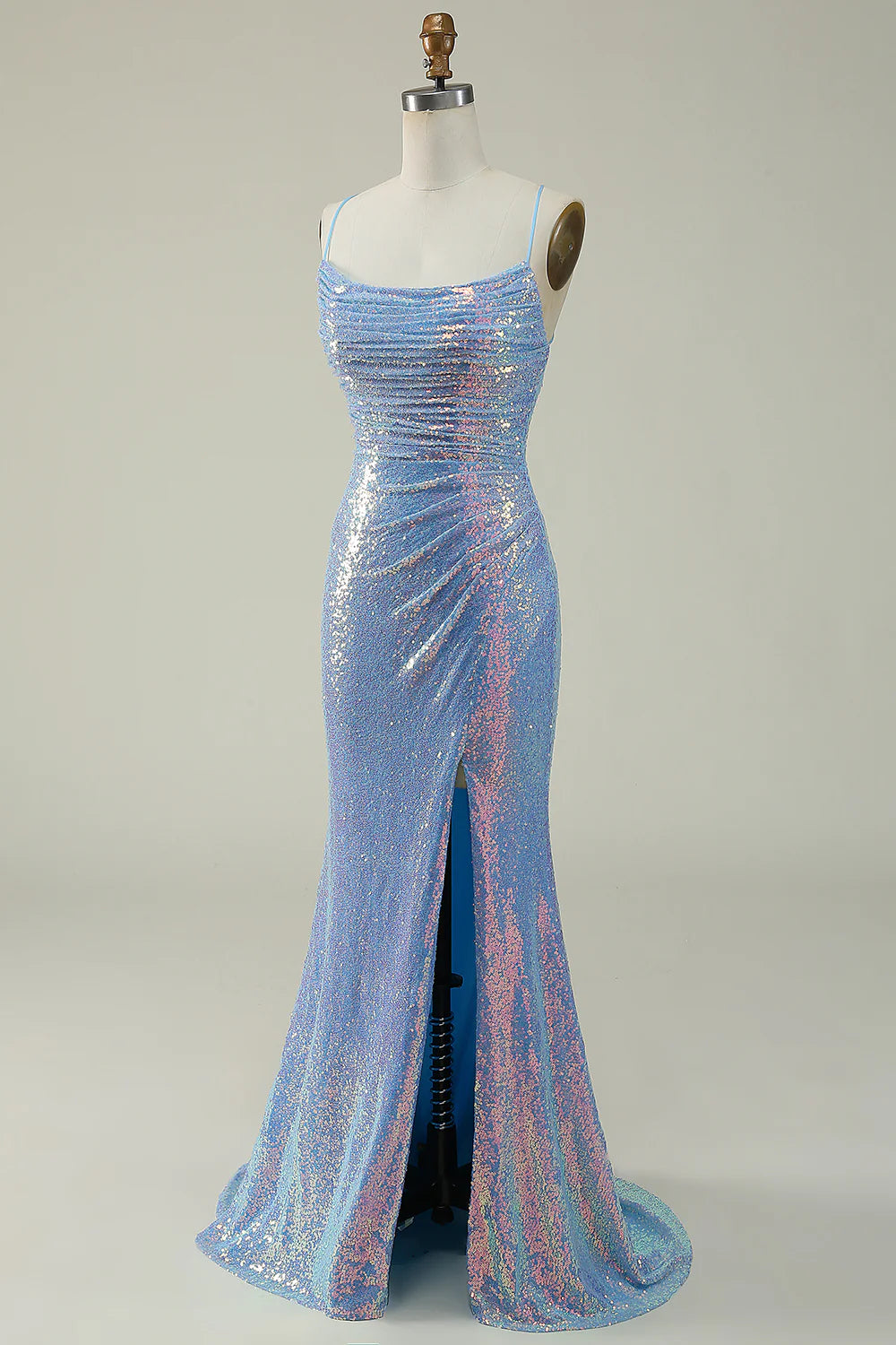 Vestido de fiesta de sirena con tirantes finos y lentejuelas azules de Amzcw 