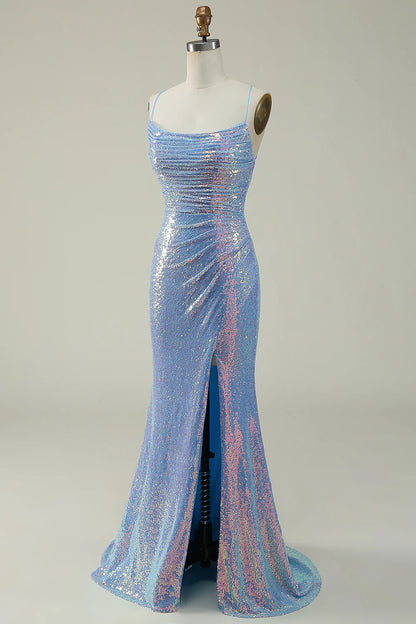 Vestido de fiesta de sirena con tirantes finos y lentejuelas azules de Amzcw 