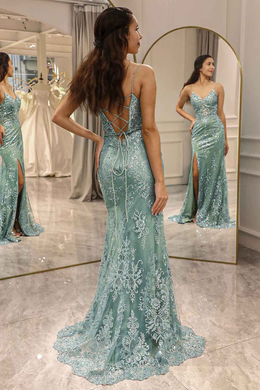 Amzcw Sparkly Green Mermaid Spaghetti Straps Long Prom Dress With Slit long prom dresses with sleeves