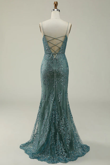 Vestido de fiesta largo verde con tirantes finos y corte sirena de Amzcw con abertura frontal 